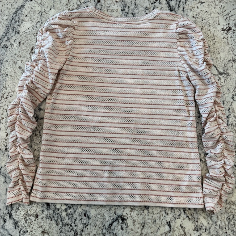 LOFT Pink Striped Pointelle Ruched Sleeve Top Medium - Picture 4 of 10